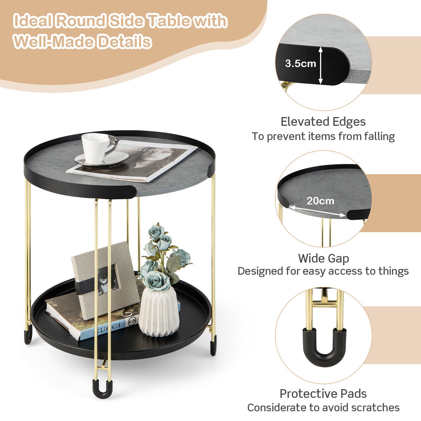 2-Tier Side End Table Round Nightstand Gold Frame for Living Room Bedroom