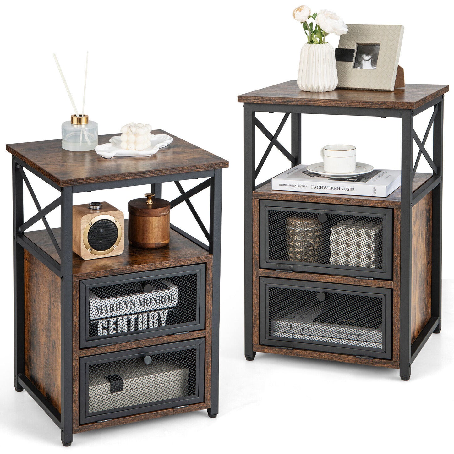 Giantex Industrial End Table Nightstand Set of 2 Wooden Bedside Sofa Side Table