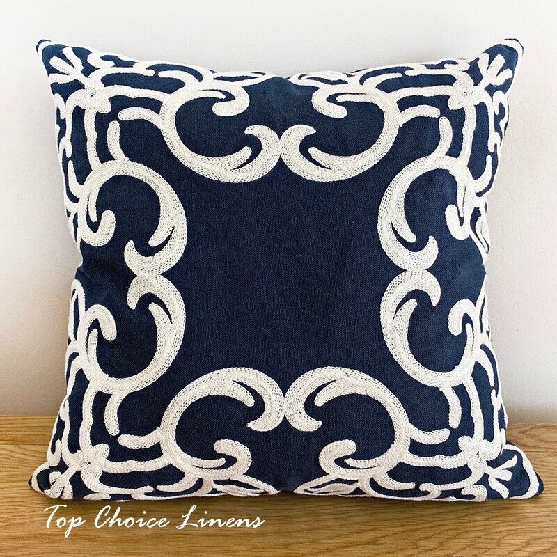 45 x 45cm Home Dark Navy/White Abstract Floral Embroidered Cushion Cover