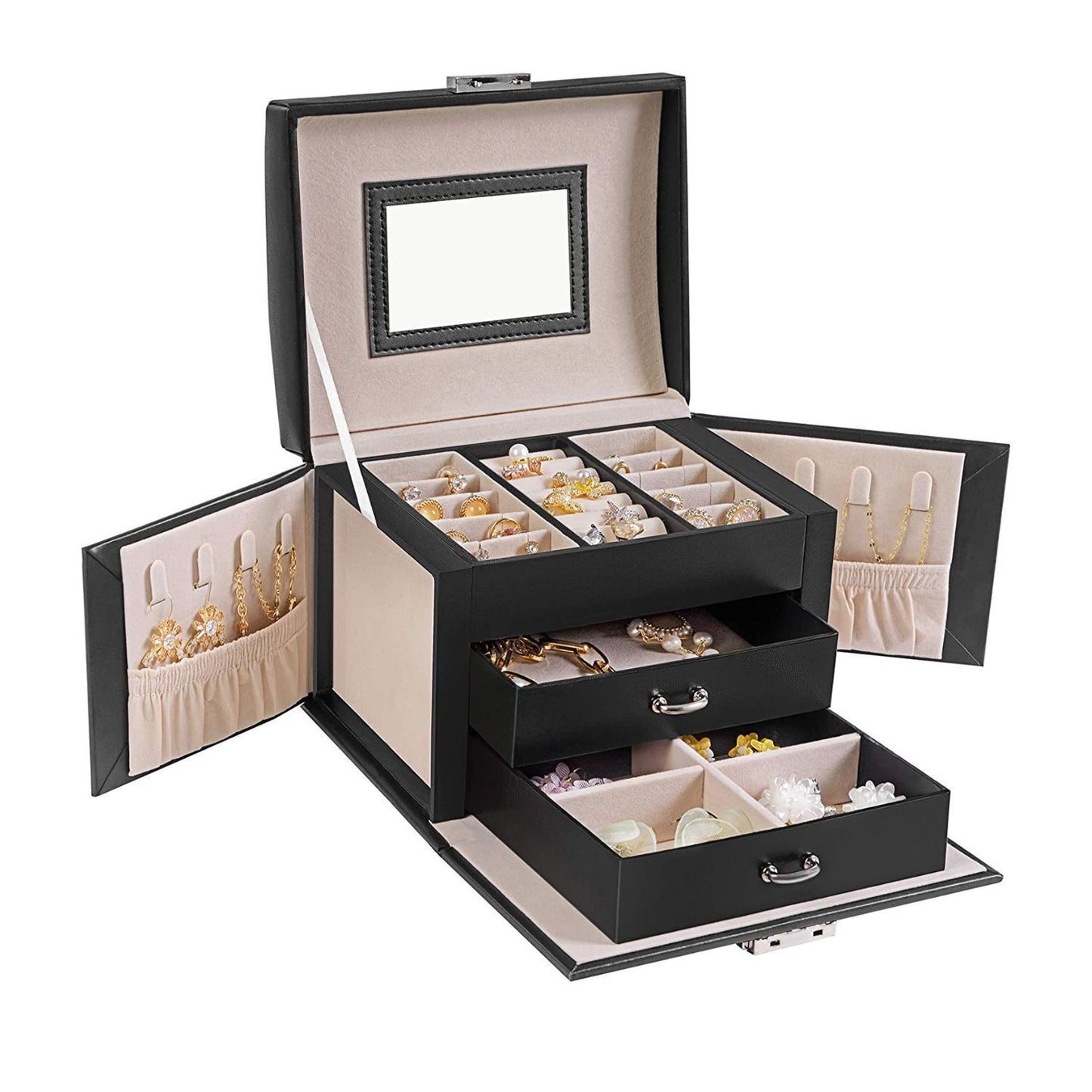 Songmics Lockable Jewellery Box Case with 2 Drawers and Mirror Black