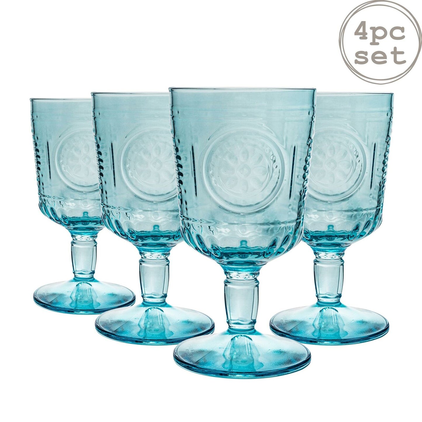 4pc Romantic Wine Glasses Set Vintage Italian Cut Glass Goblets 320ml Blue