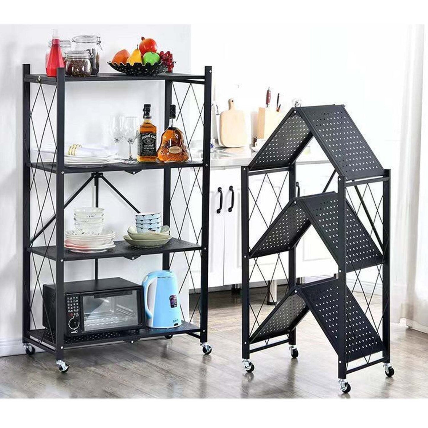 Foret Bookshelf Foldable Shelf Metal Display Rack Kitchen Wheels Storage 5 Tier