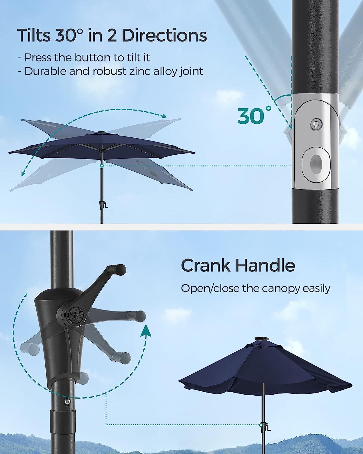 Songmics 2.7m Solar LED Lighted Outdoor Patio Umbrella Navy Blue