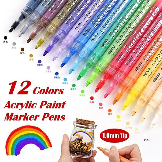 12 Colors Acrylic Paint Pens 1mm Tip Waterproof Metal Glass Rock Wood Plastic