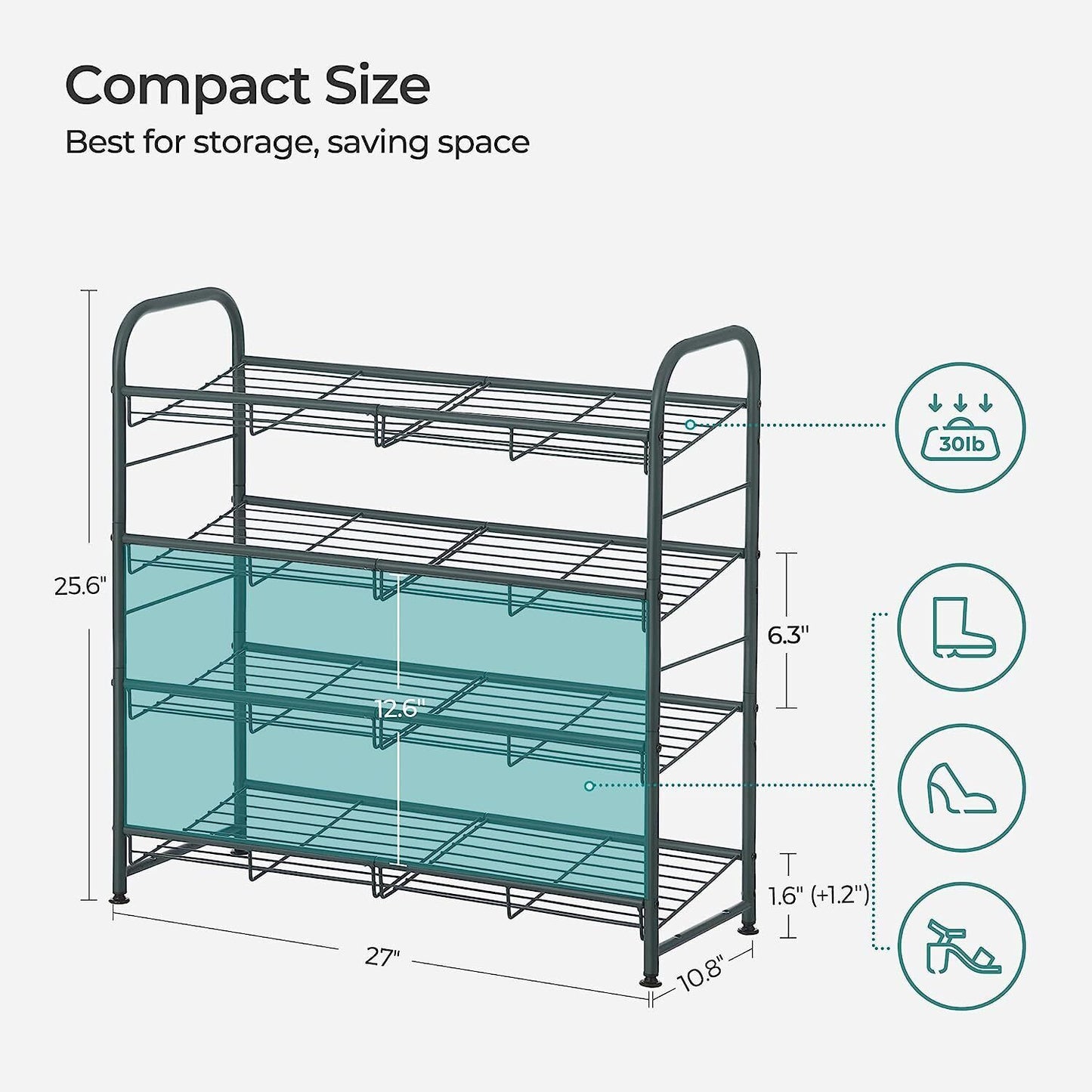 Songmics Stackable Shoe Rack 4-Tier Shoe Rack Storage Organiser Steel Grey