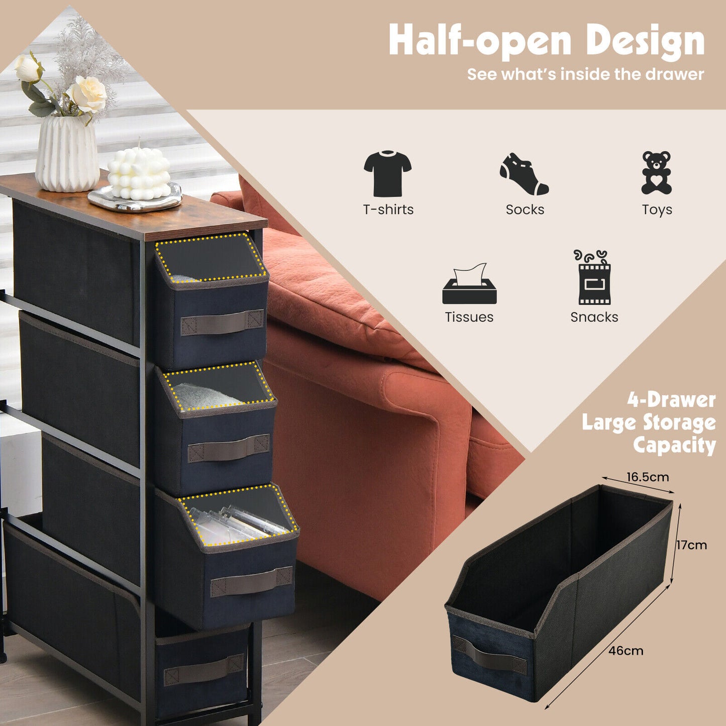 Vertical Narrow Dresser Organiser Closet Storage Cabinet w/ Foldable Drawers