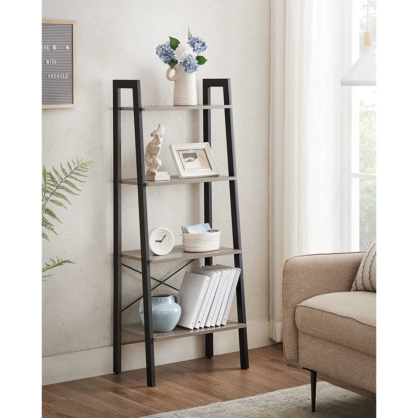 VASAGLE Ladder Shelf 4-Tier Greige and Black