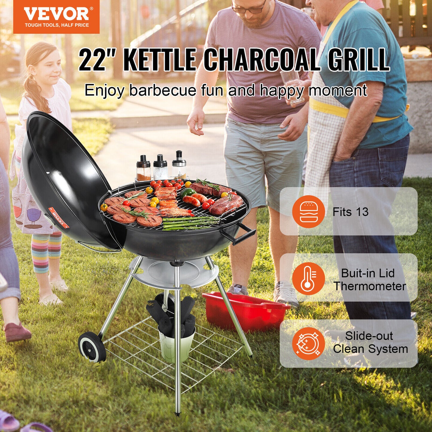 VEVOR 22 inch Kettle Charcoal Grill BBQ Portable Grill Outdoor Barbecue Cooking