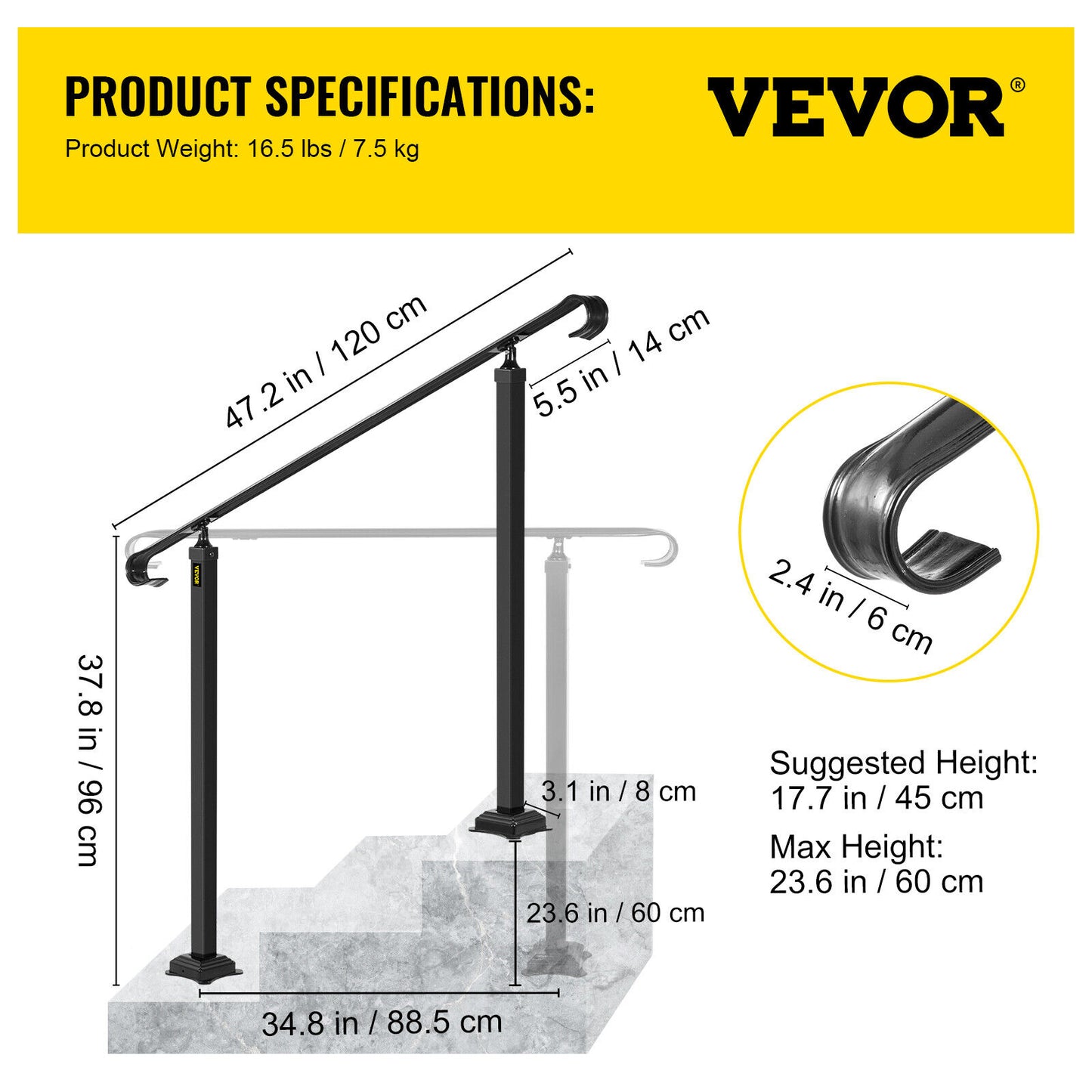 VEVOR Adjustable Iron Handrail Black Fit 2 or 3 Steps Handrail Concrete Decor