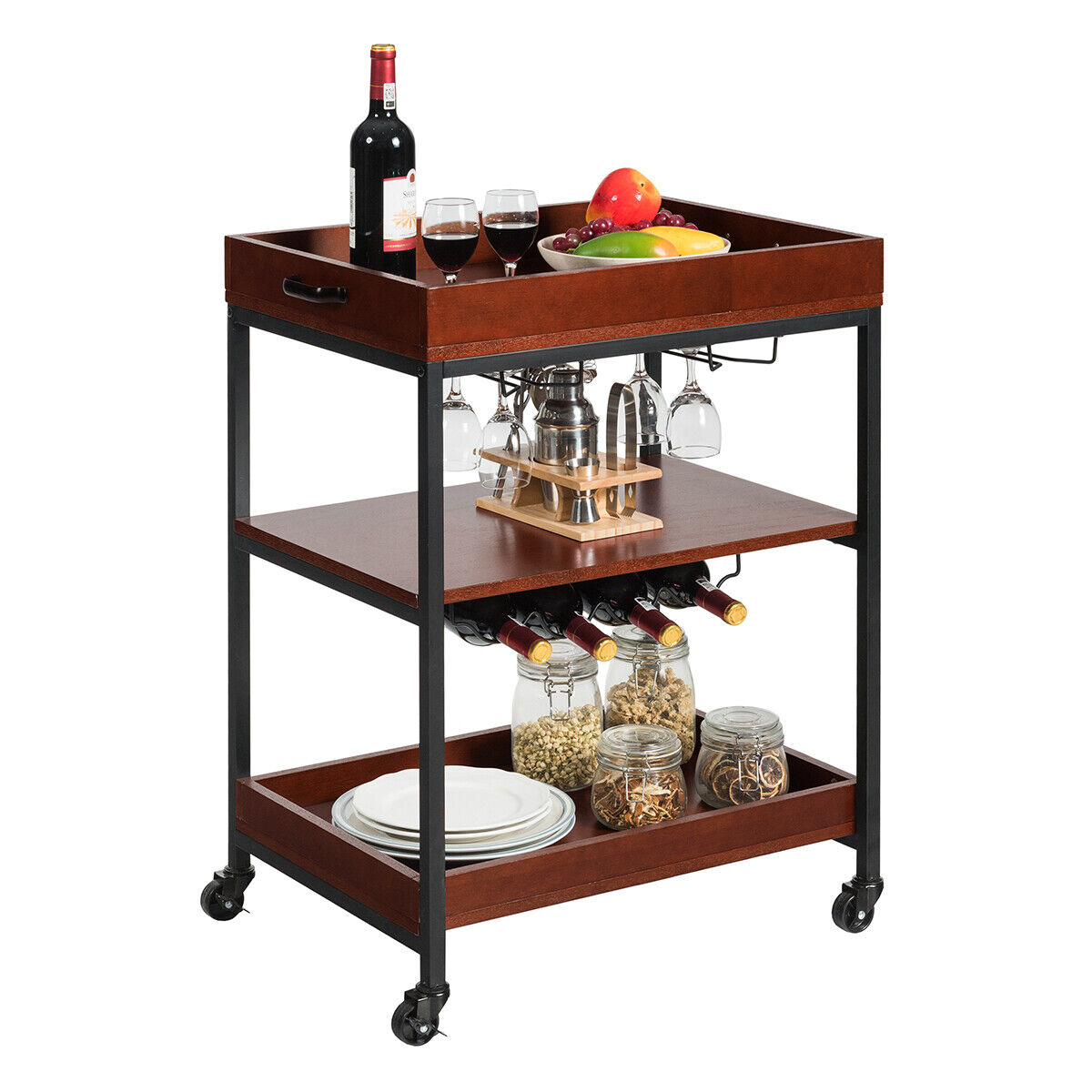 Giantex Kitchen Serving Cart Utility Trolley Cart 3-Tier Shelf w/ Glass Holder