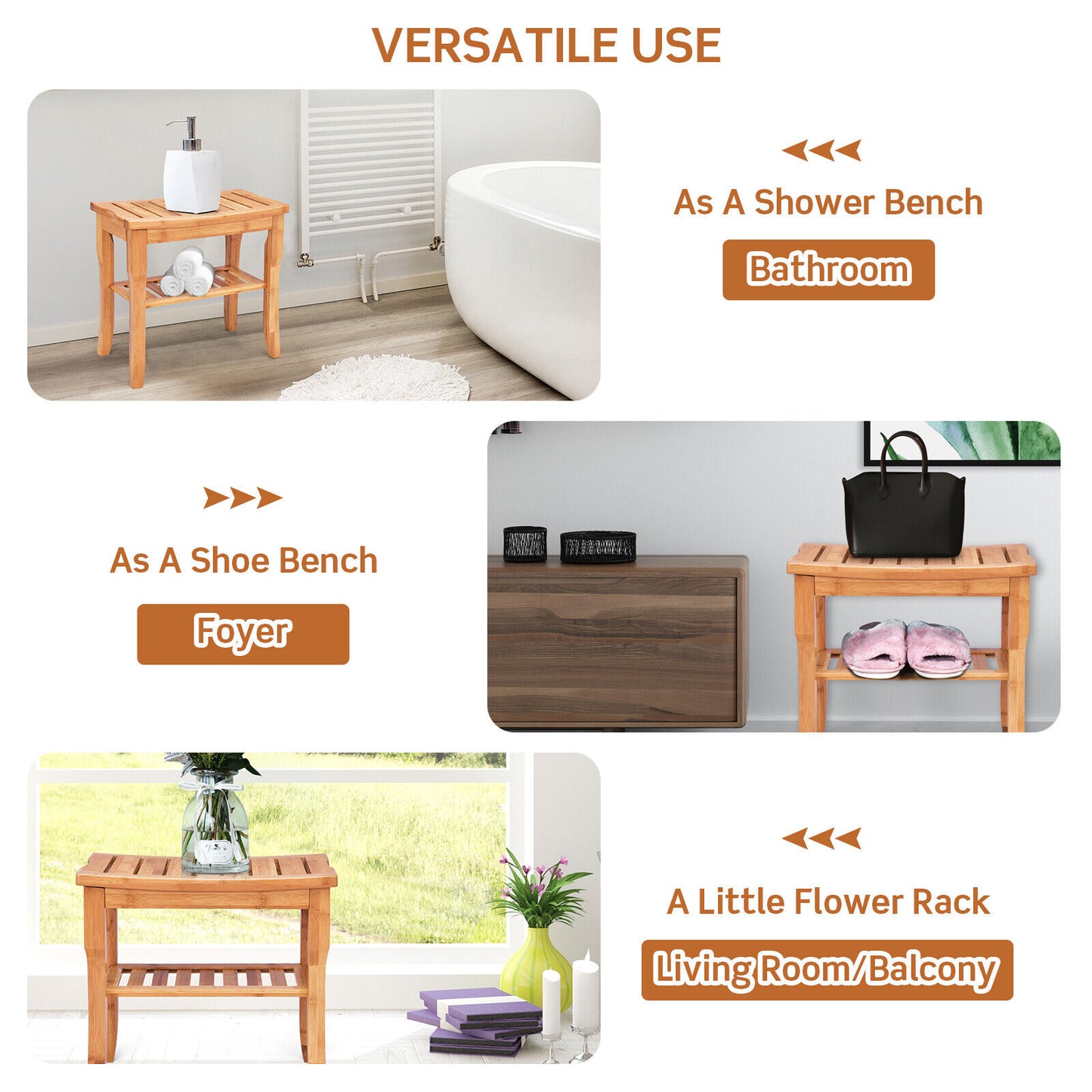 Shower Seat Bench Bamboo Bathroom Spa Organiser Stool W/ Storage Shelf