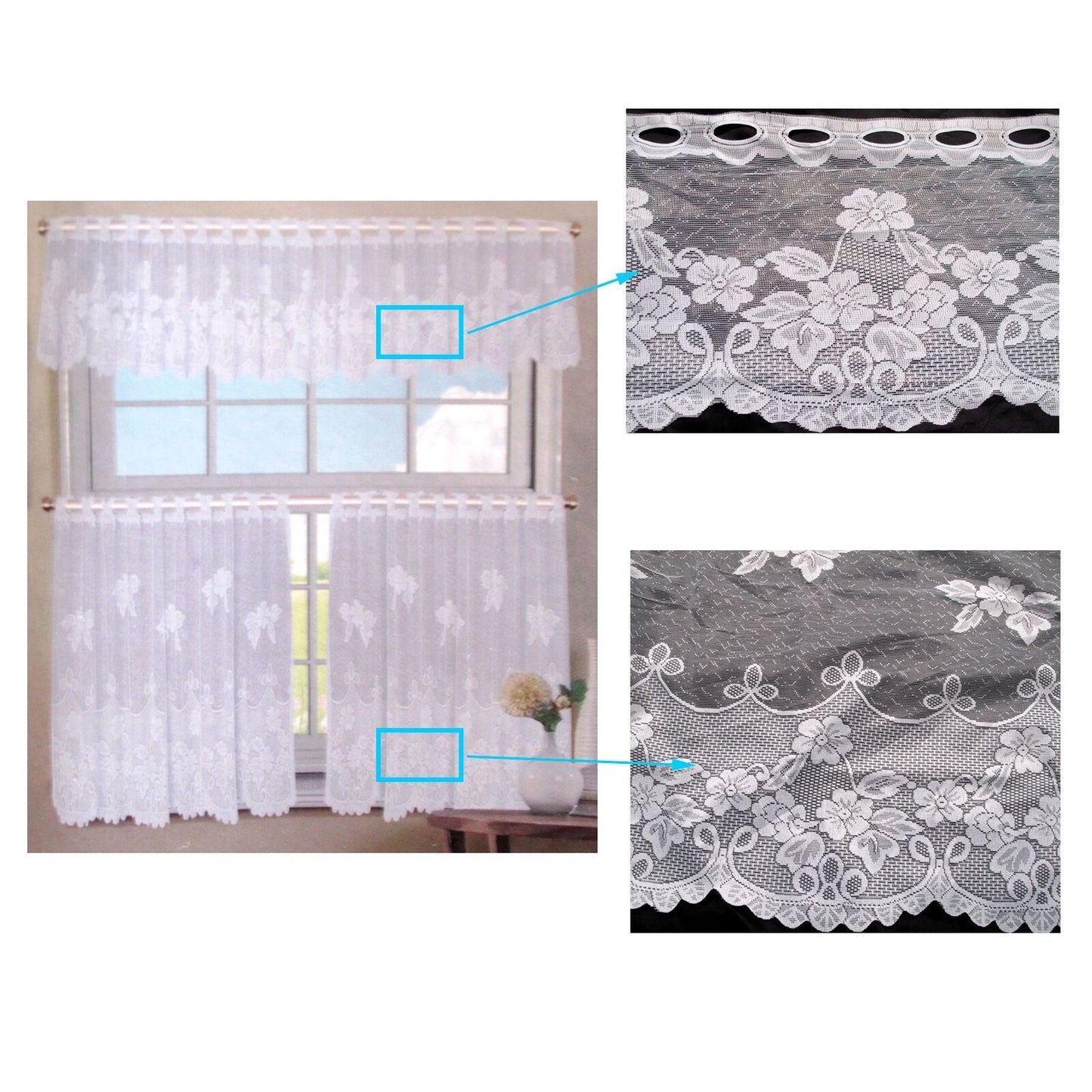 3 Pce Cafe White FLORA Lace Kitchen Window Curtain Set