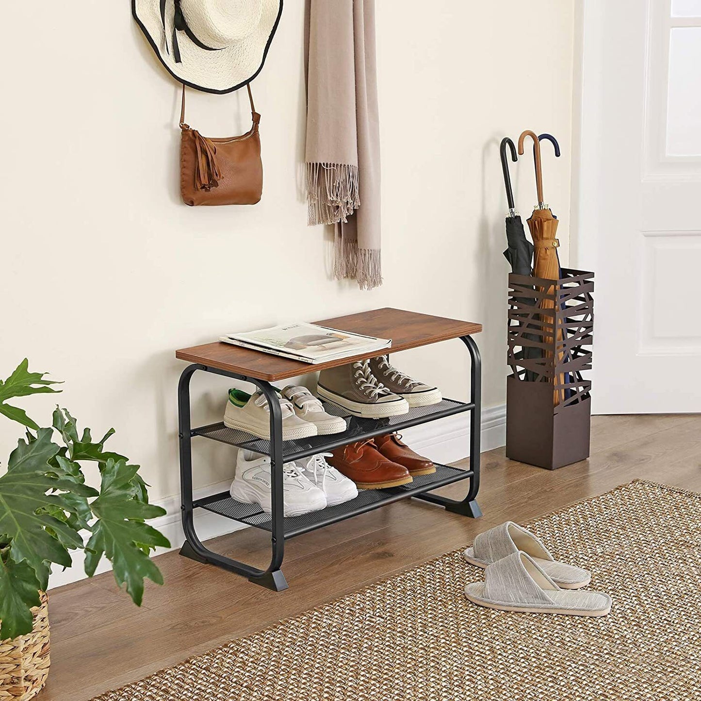 Vasagle Shoe Bench with 2 Mesh Shelves Rounded Iron Frame Rustic Brown