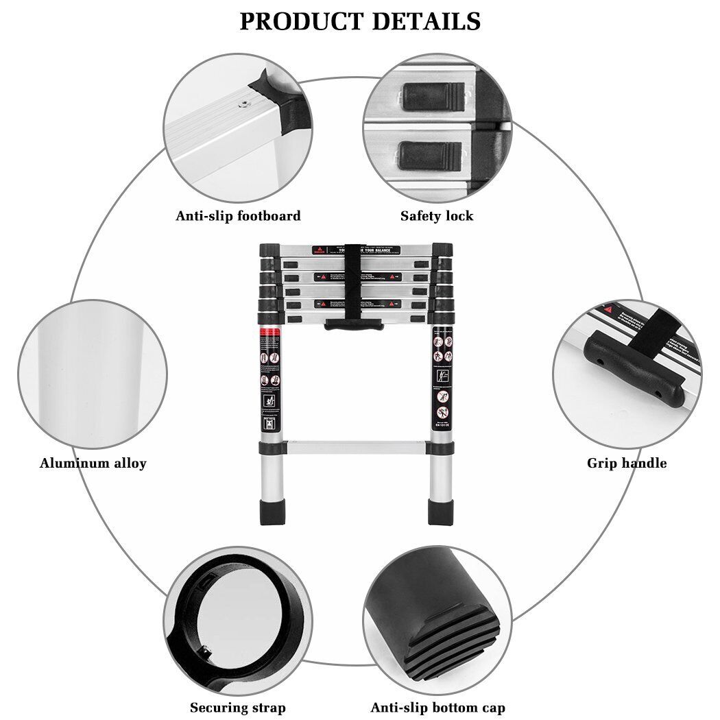 3.8M Aluminium Telescopic Roof Top Ladder Extension Steps Motor Home Portable