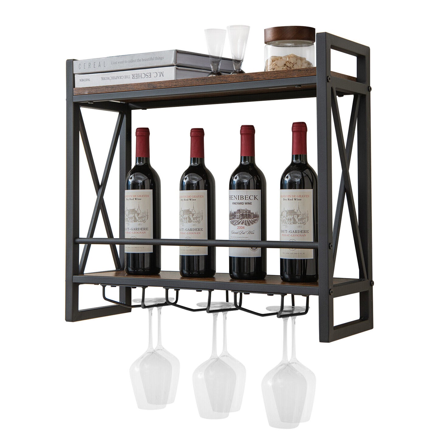 Giantex Industrial Wall Mounted Wine Rack, 2-Tier Wine Shelf, Rustic Brown