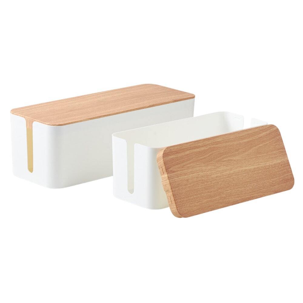 Gominimo Set of Two Cable Management Box with Wood Pattern Lid White