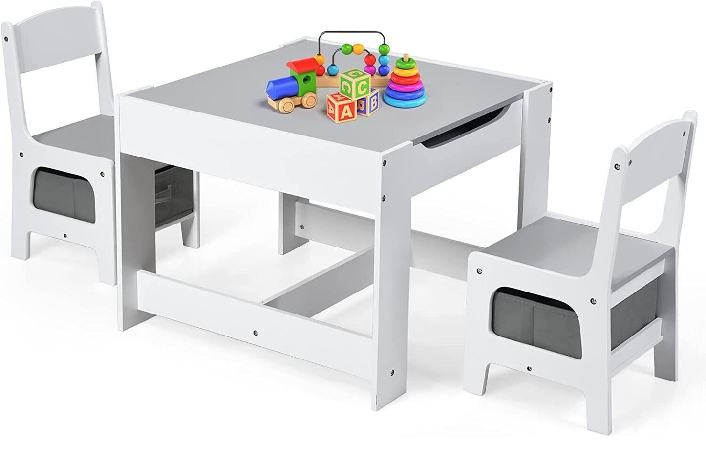 3PCS Kids Table and Chairs Set with Black Chalkboard (Grey)