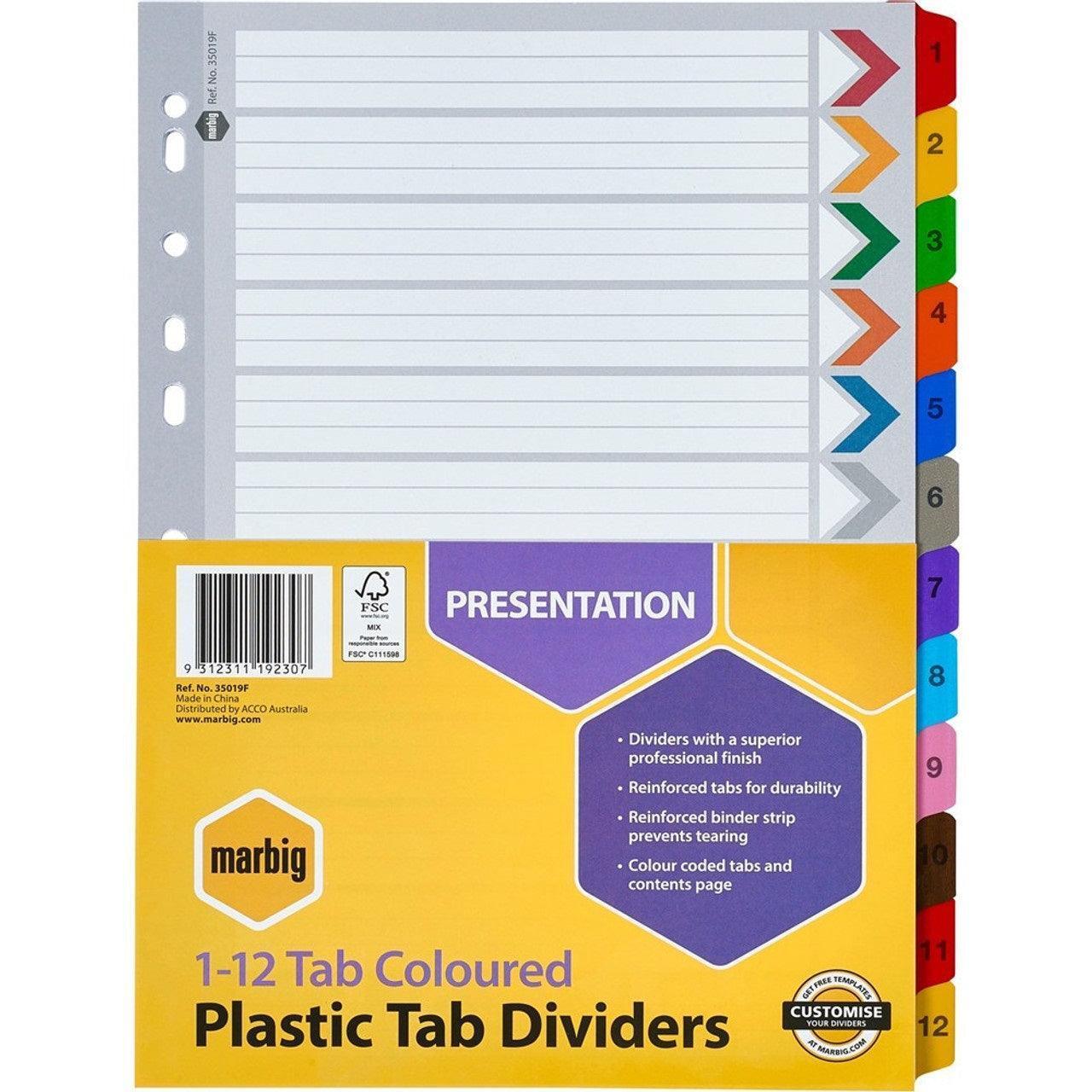 10 Pack Marbig Index Divider Manilla 1-12 Numbers Tab A4 Assorted Bulk