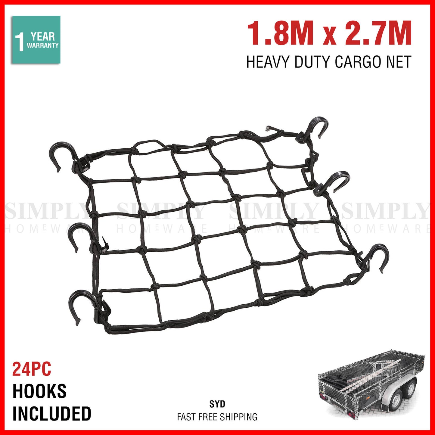 Cargo Net Ute Trailer Truck Heavy Duty Elastic Mesh Car 24 Hooks 1.8M x 2.7M