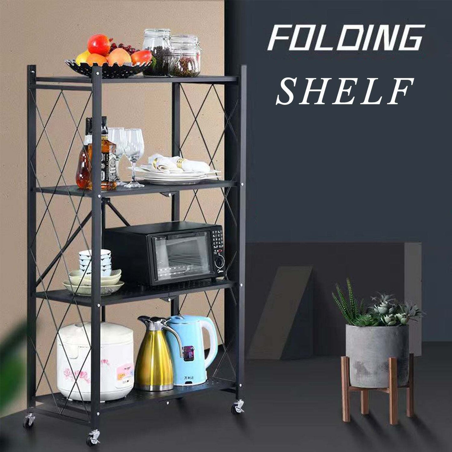 Foret Bookshelf Foldable Shelf Metal Display Rack Kitchen Wheels Storage 4 Tier