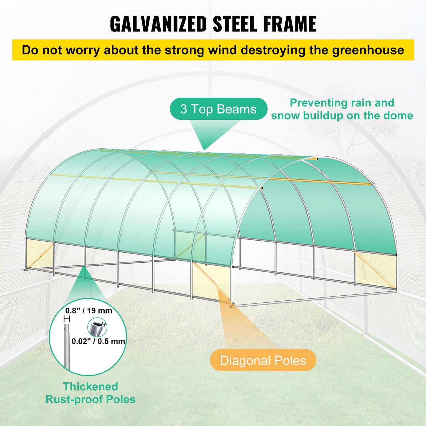 VEVOR Walk-in Tunnel Greenhouse Galvanized Frame & Waterproof 20x10x7ft