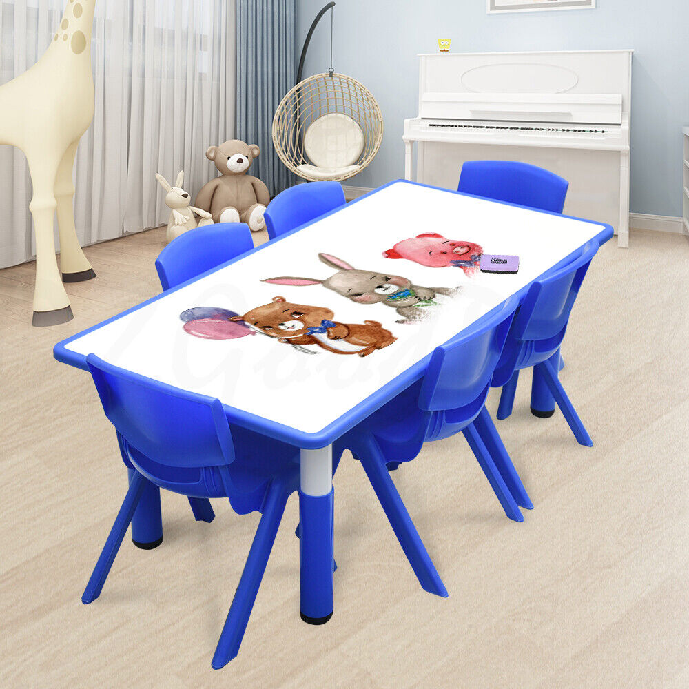 Kids Children 120x60cm Blue Adjustable Drawing Whiteboard Table & 6 Blue Chairs