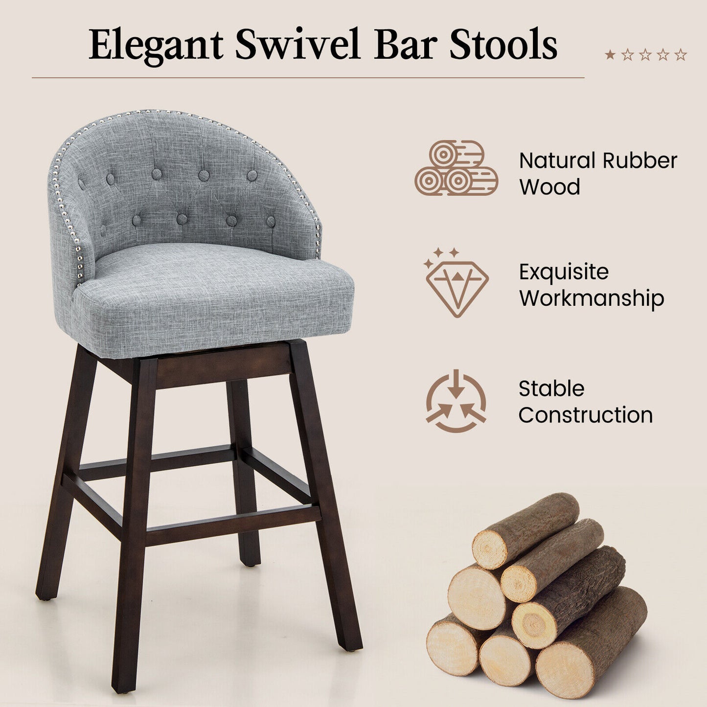 Set of 2 Swivel Bar Stools Tufted Bar Height Pub Chairs w/ Rubber Wood Legs