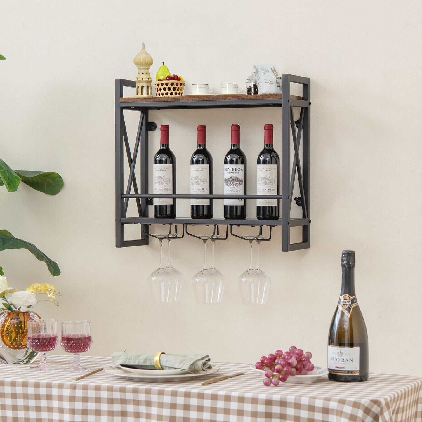 Giantex Industrial Wall Mounted Wine Rack, 2-Tier Wine Shelf, Rustic Brown