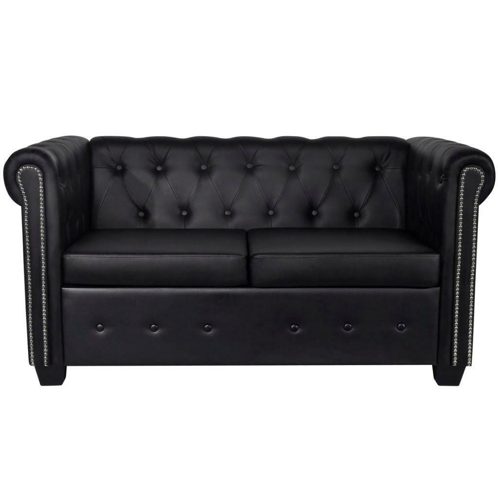 2 Seater Artificial Leather Studded Lounge Couch Seat Chair Sofa Suite - Black