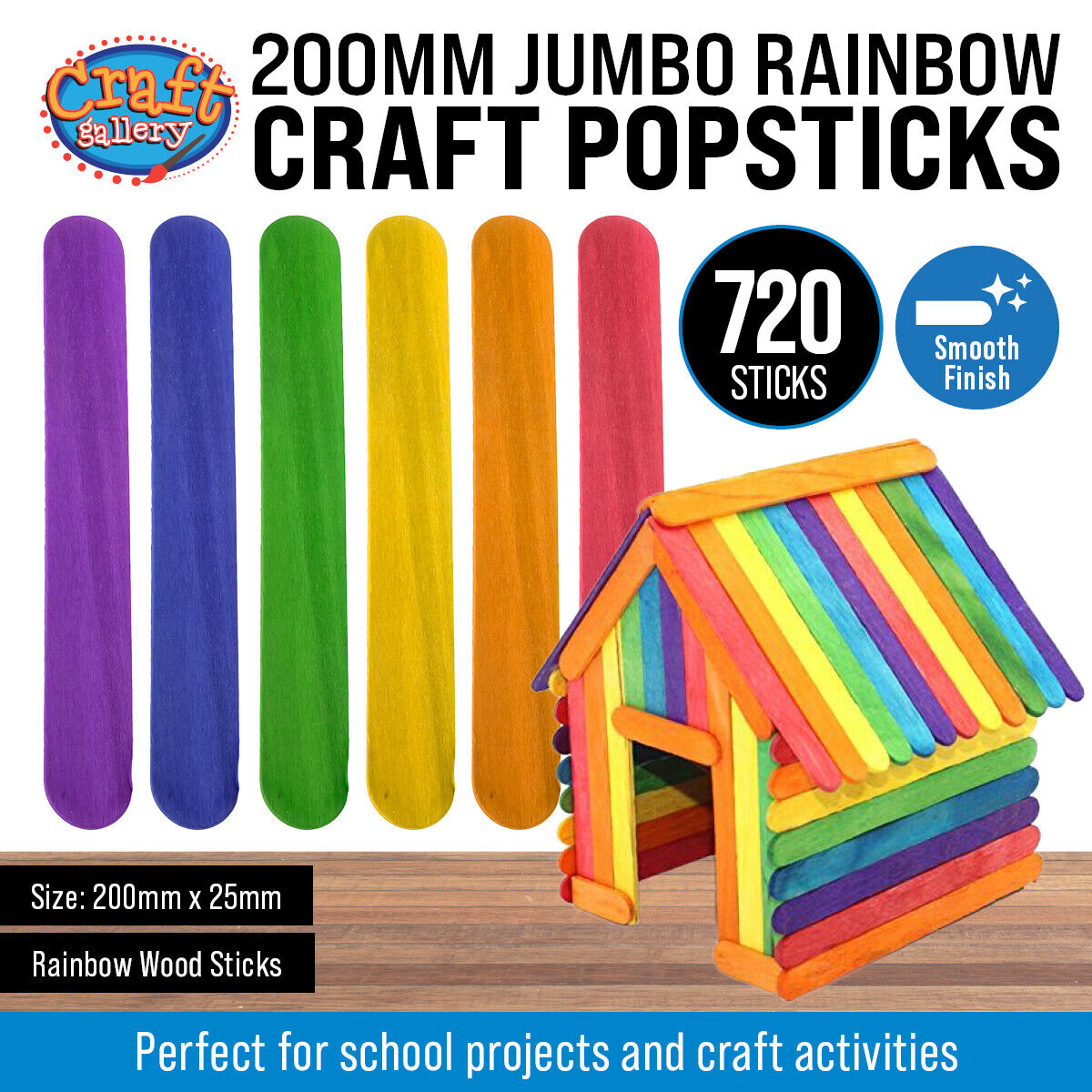 Craft Gallery® 720PCE Jumbo Rainbow Wooden Craft Stick Multipurpose 25 x 200mm