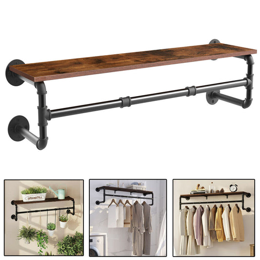 104cm Pipe Clothes Rail Wall Mounted Garment Hanging Rack Wardrobe with Shelf