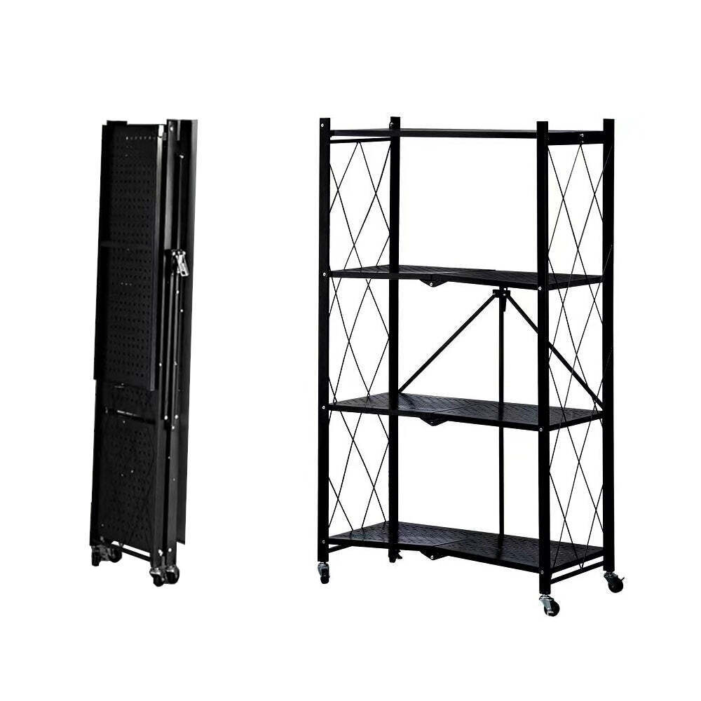 Foret Bookshelf Foldable Shelf Metal Display Rack Kitchen Wheels Storage 4 Tier