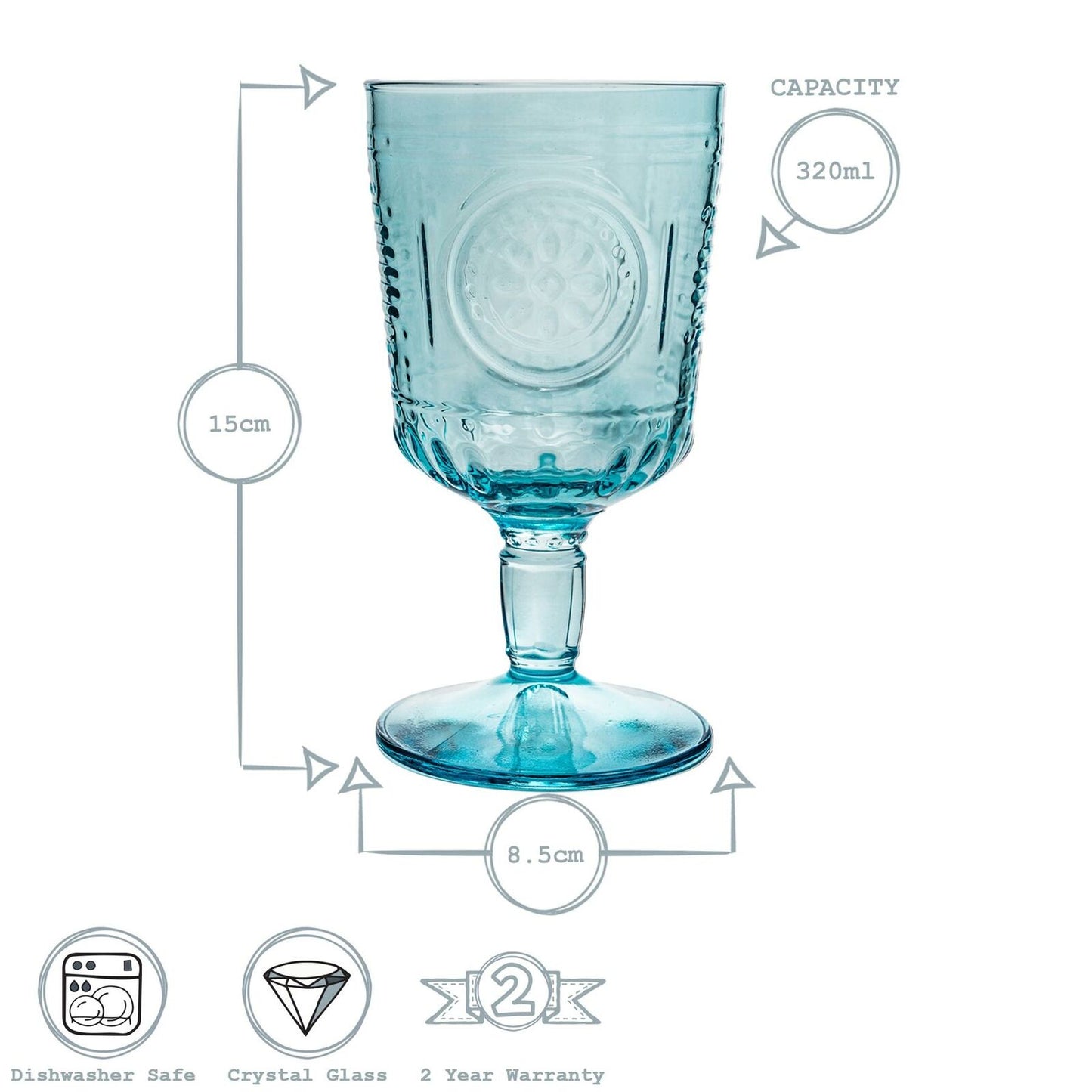 4pc Romantic Wine Glasses Set Vintage Italian Cut Glass Goblets 320ml Blue