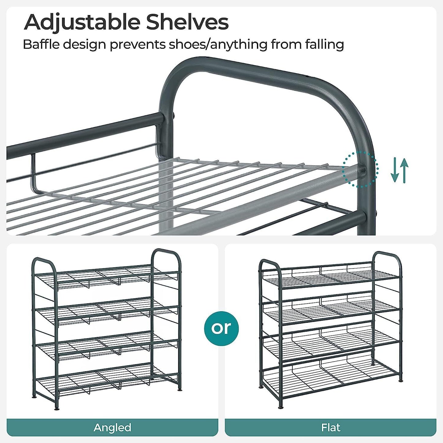 Songmics Stackable Shoe Rack 4-Tier Shoe Rack Storage Organiser Steel Grey