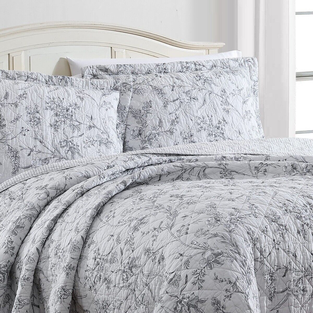 Laura Ashley Branch Toile Printed Coverlet Set - Grey