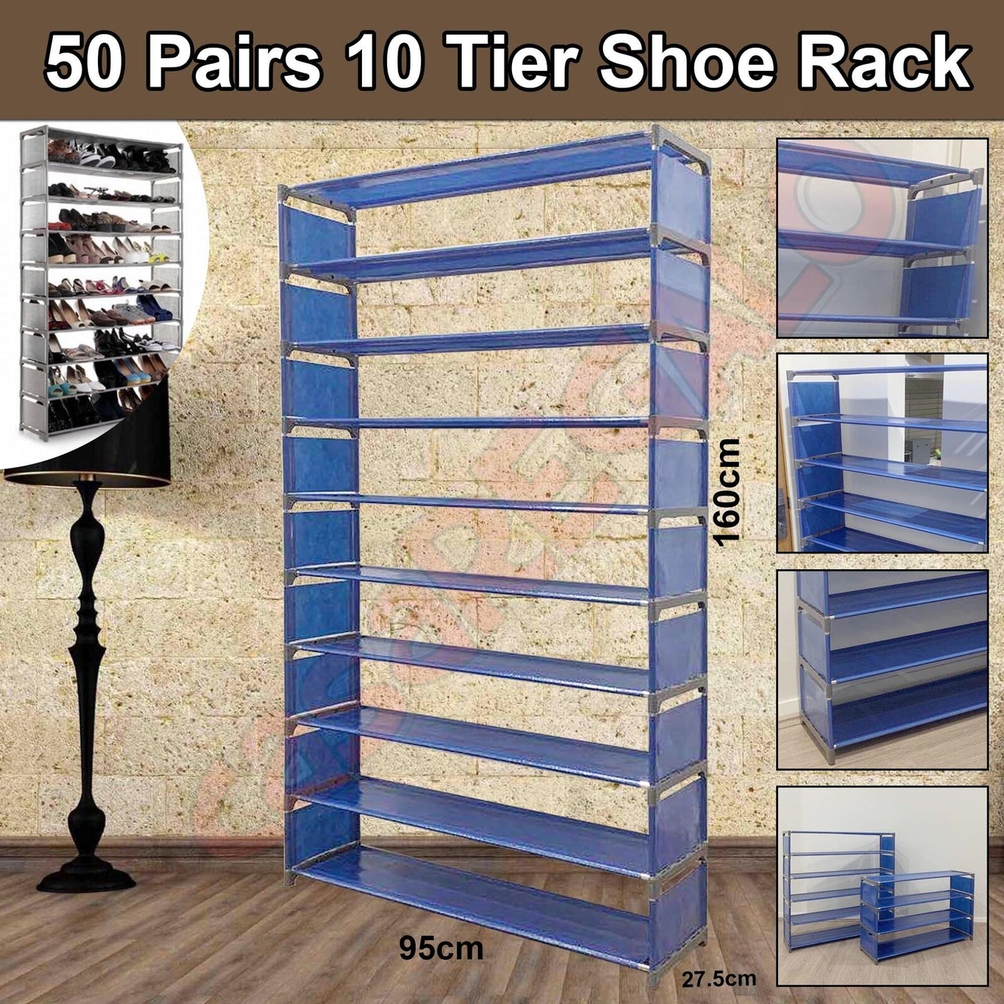 CASA 50 Pairs 10 Tiers Stackable Storage Shoe Rack Cabinet Organiser Steel Blue