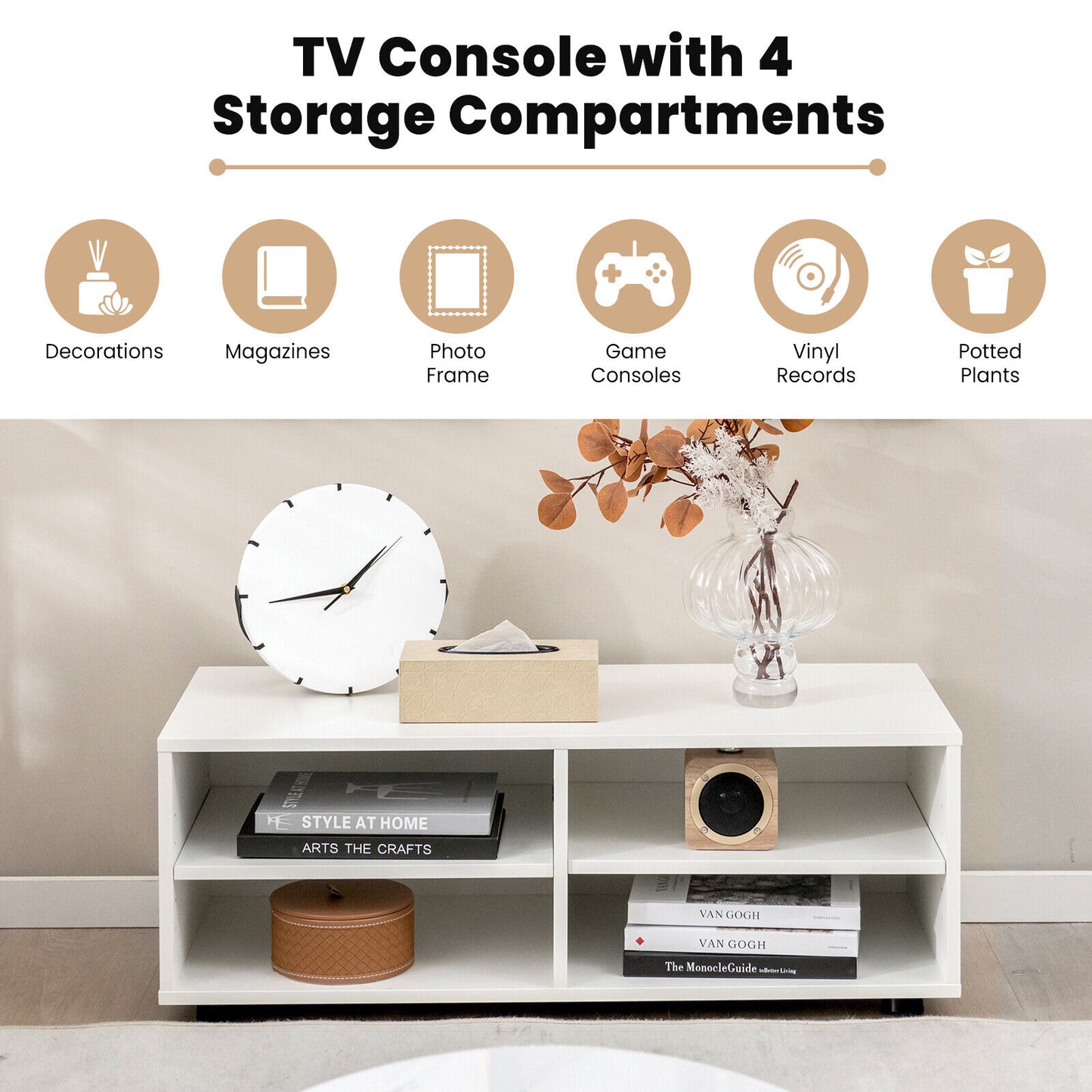 4-Cubby TV Stand Cabinet Media Console Entertainment Center Adjustable Shelves