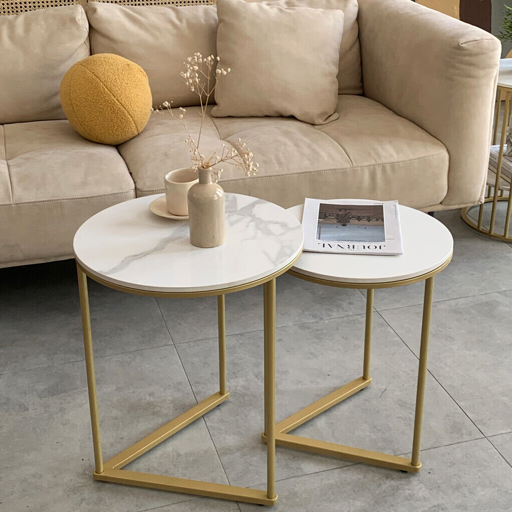 High-grade Marble Stone Round Nesting Sofa Side End Table with Gold Metal Frame