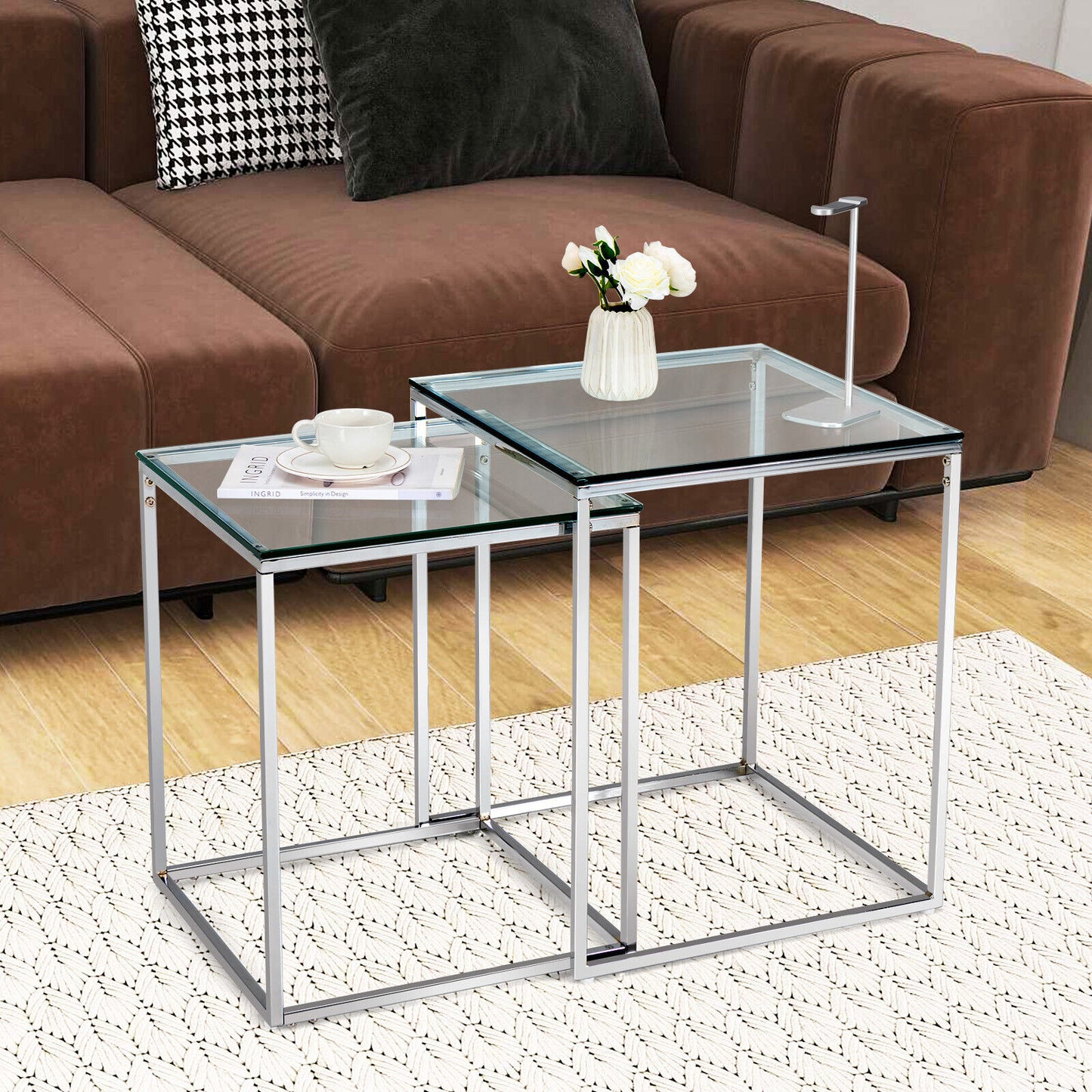 2pcs Nesting Coffee End Corner Side Table Tempered Glass Top Steel Frame Modern