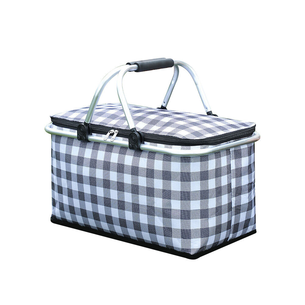 Insulated Picnic Basket Aluminium Frame Foldable 25L Capacity Grey