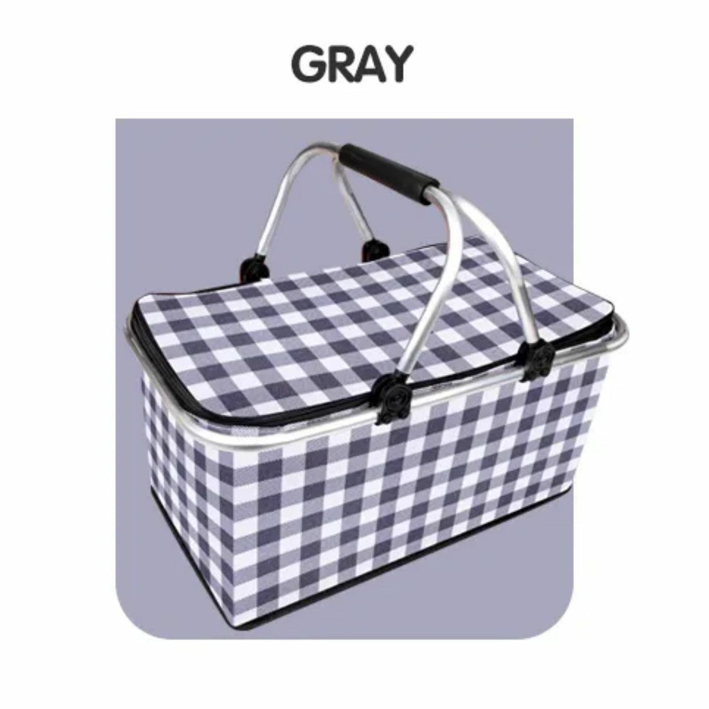 Insulated Picnic Basket Aluminium Frame Foldable 25L Capacity Grey