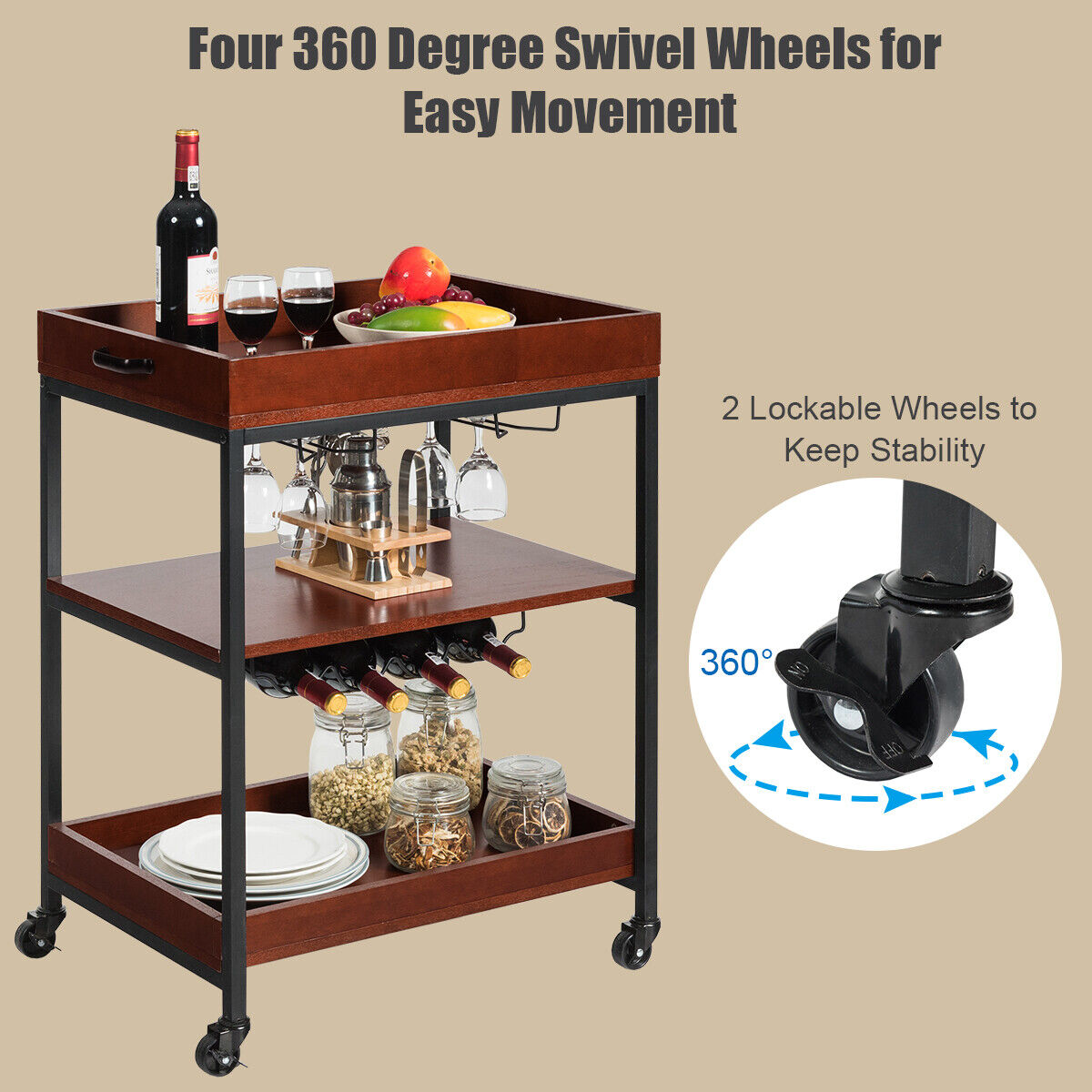 Giantex Kitchen Serving Cart Utility Trolley Cart 3-Tier Shelf w/ Glass Holder