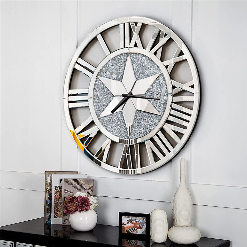 Sparkle Twinkle Crystal Diamond Wall Clock Silver Mirror Wall Decor Big Clocks