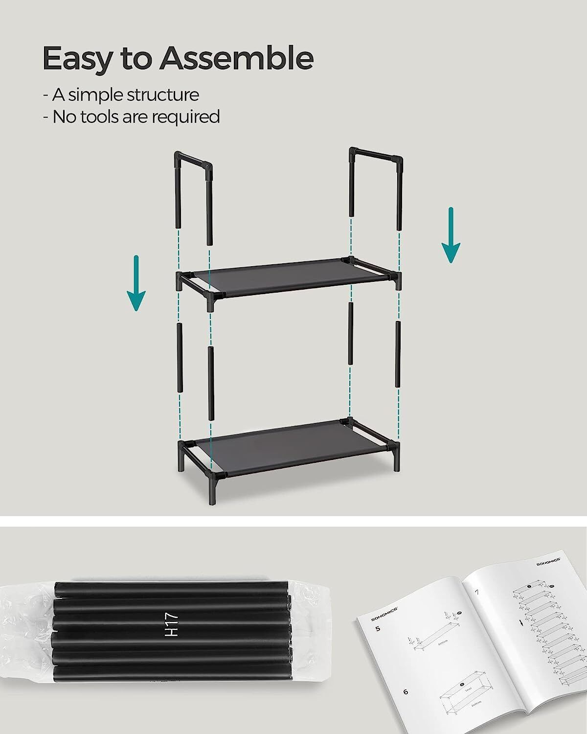 SONGMICS 10 Tier Metal Shoe Rack Non-Woven Fabric Shelves Black