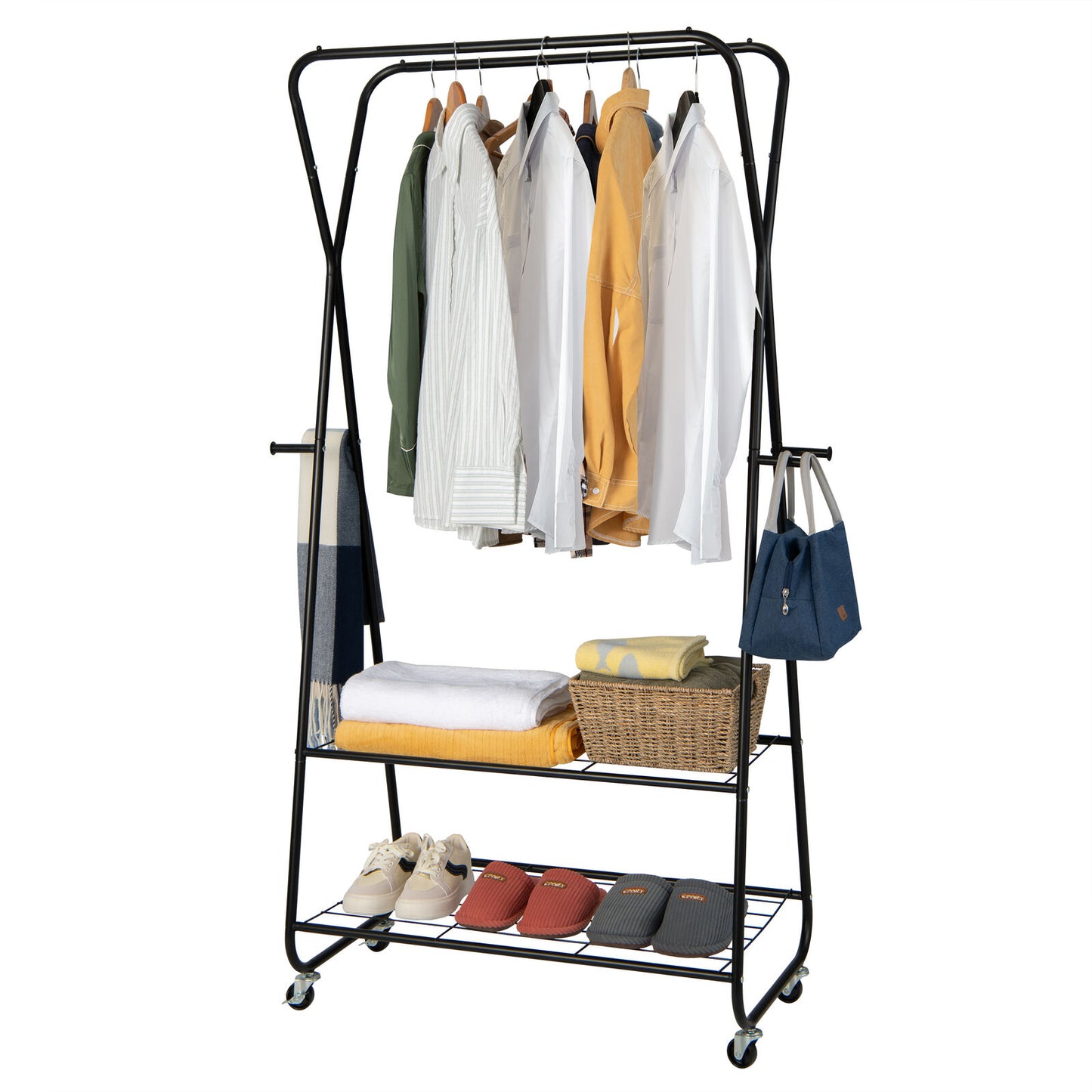 Heavy Duty Double Rail Garment Rack Clothes Rack on Wheels / Shelves & Hooks