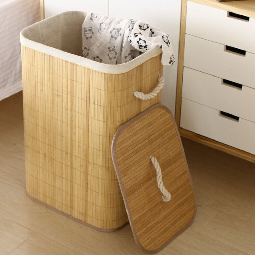 Bamboo Laundry Hamper Basket Wicker Clothes Storage Bag Sorter Bin With Lid