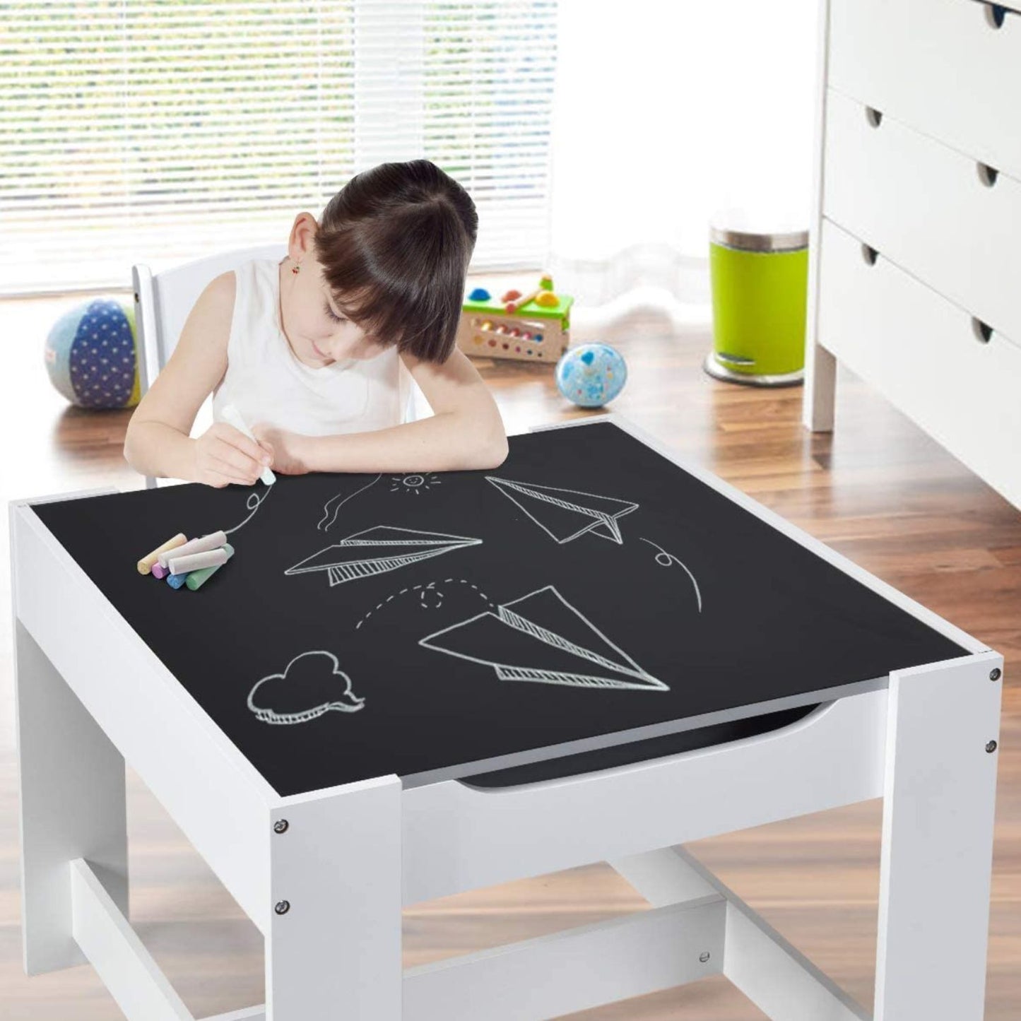 3PCS Kids Table and Chairs Set with Black Chalkboard (Grey)