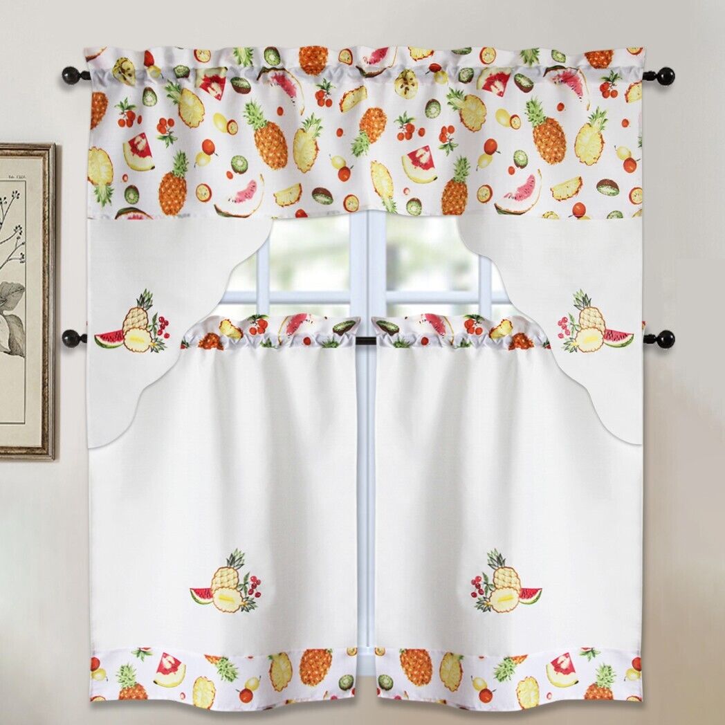 3 Piece Kitchen Cafe Curtain Fruit Print/Embroidered Kitchen Window Curtain Set