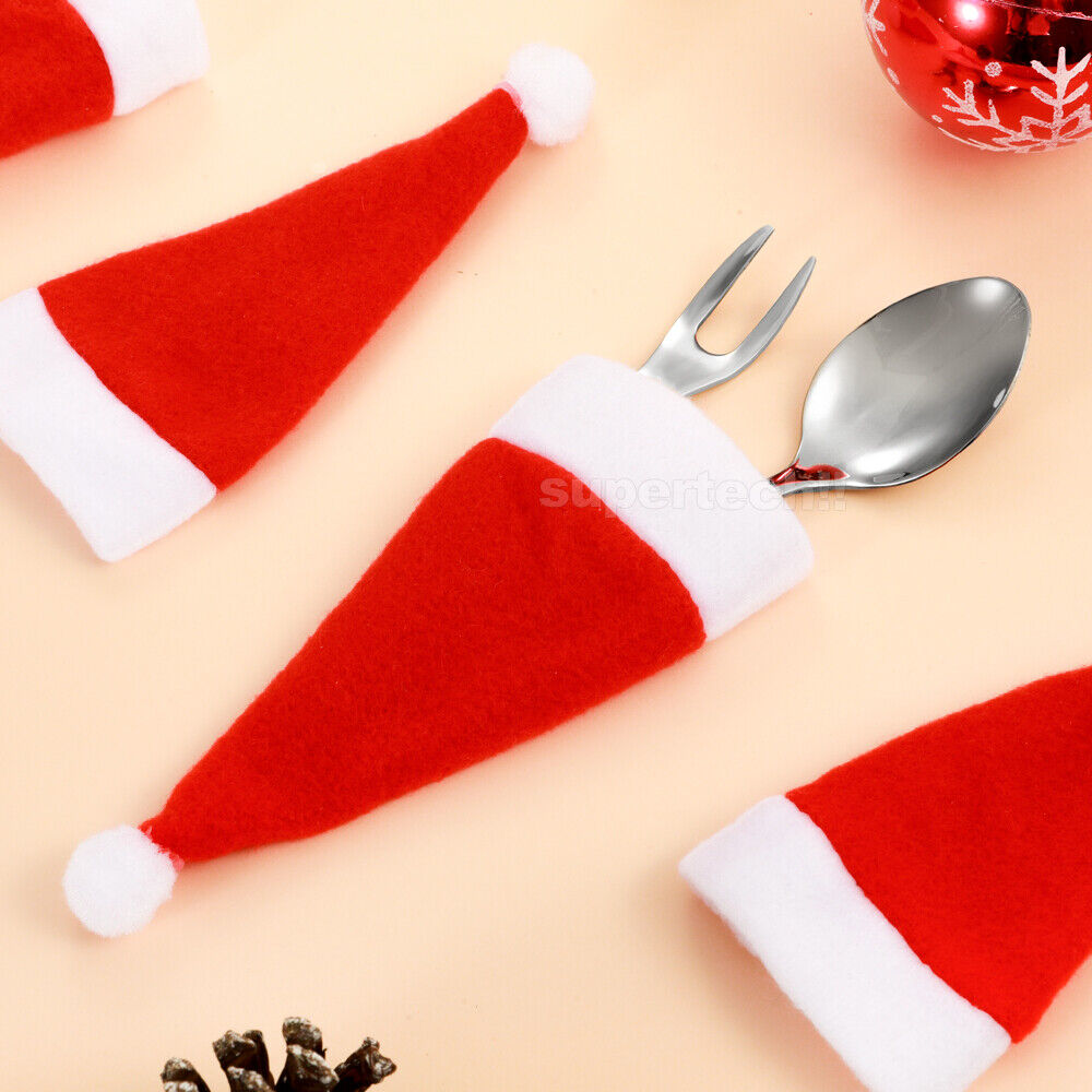 10PCS Red Hat Santa Cutlery Christmas Knife Bag Xmas Fork Holder Xmas Decoration