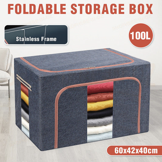 100L Foldable Clothes Storage Boxes Crush Steel Frame Quilt Toys Organiser Cube